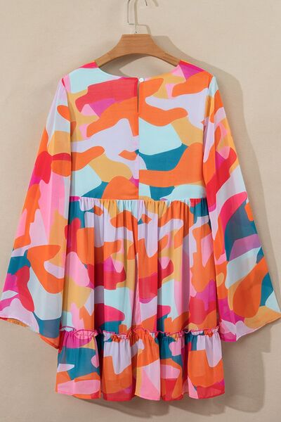 Ruffle Hem Color Block V-Neck Long Sleeve Mini Dress - MARIGOLD