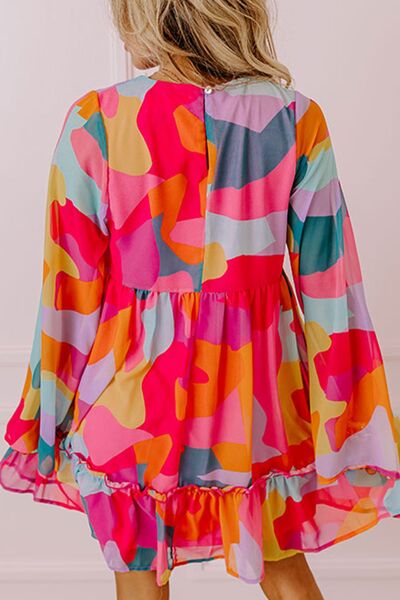 Ruffle Hem Color Block V-Neck Long Sleeve Mini Dress - MARIGOLD