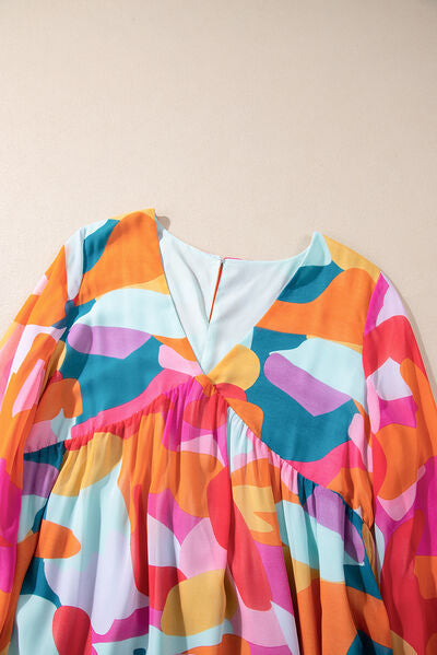Ruffle Hem Color Block V-Neck Long Sleeve Mini Dress - MARIGOLD