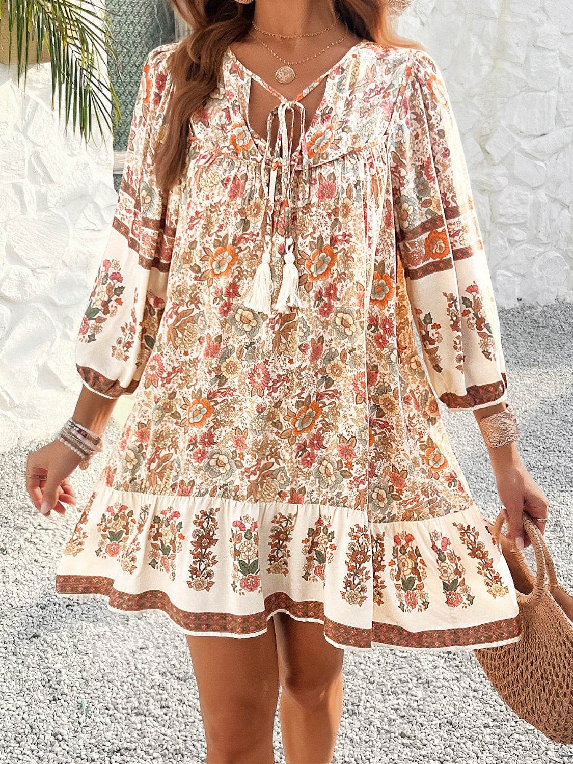 Tassel Tie Neck Floral Print Mini Dress - MARIGOLD