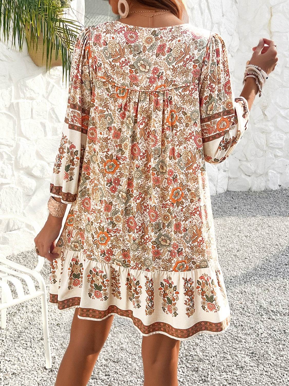 Tassel Tie Neck Floral Print Mini Dress - MARIGOLD