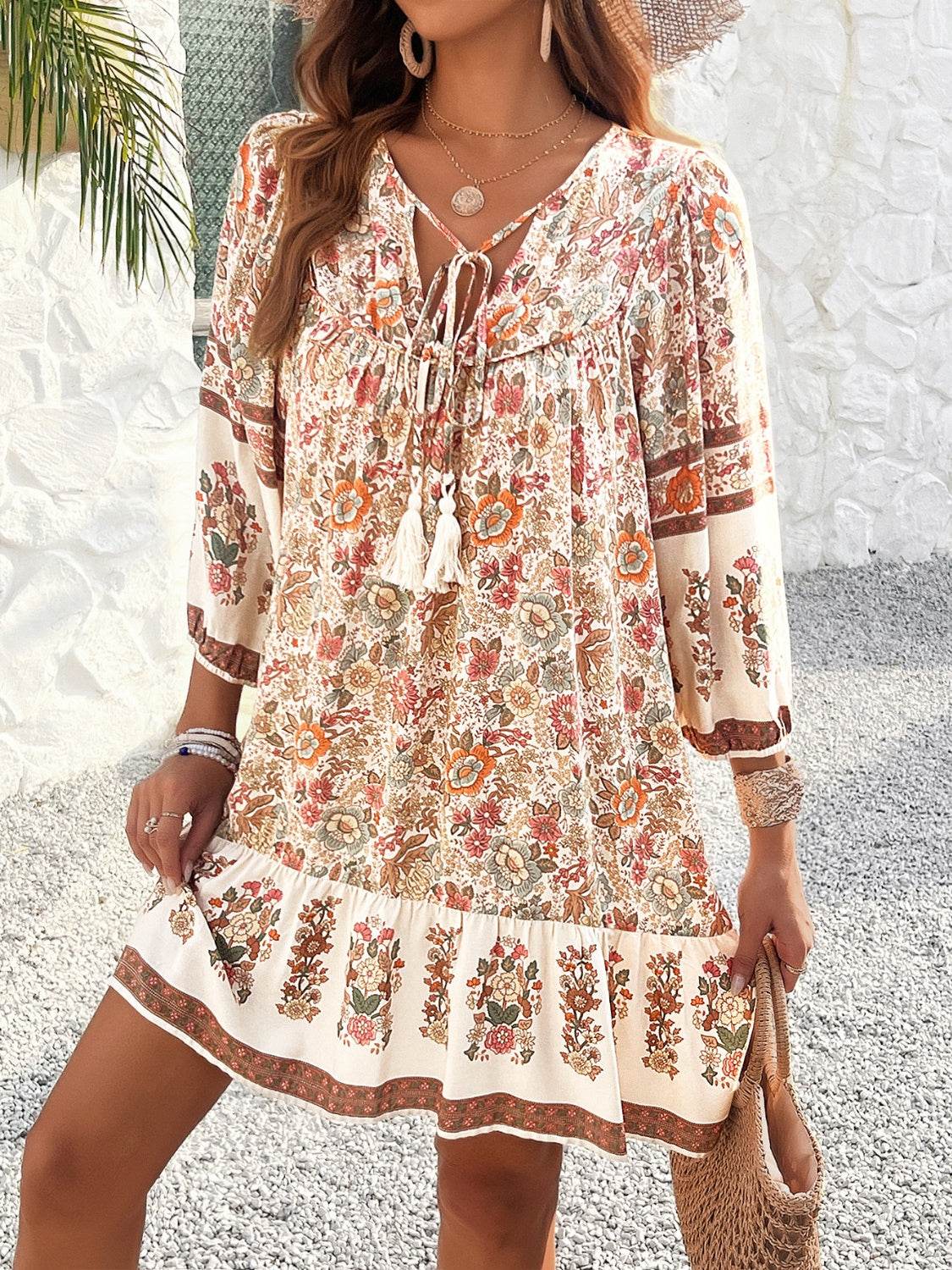Tassel Tie Neck Floral Print Mini Dress - MARIGOLD