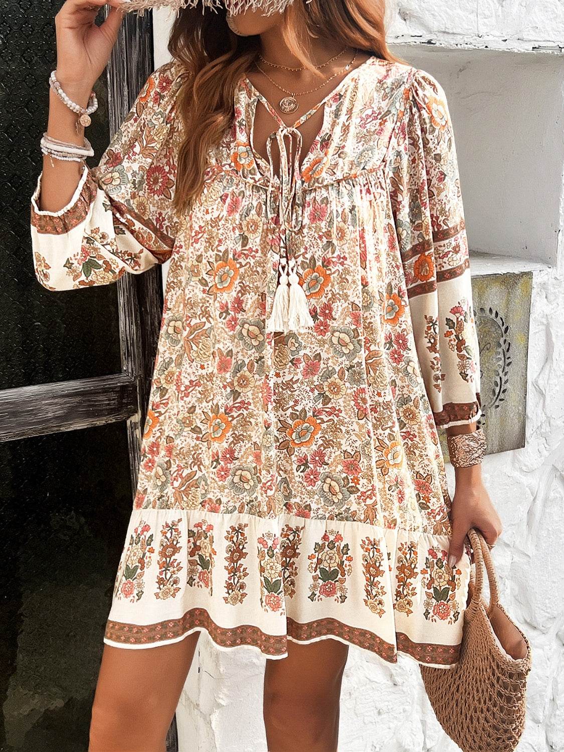 Tassel Tie Neck Floral Print Mini Dress - MARIGOLD