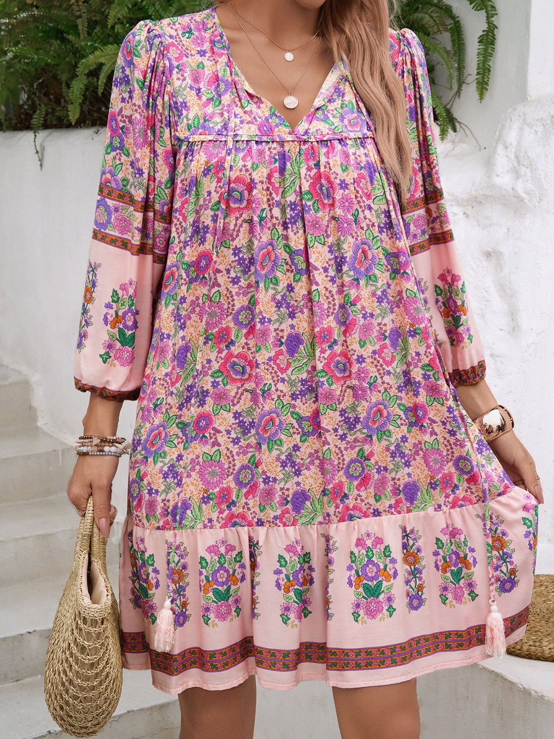 Tassel Tie Neck Floral Print Mini Dress - MARIGOLD