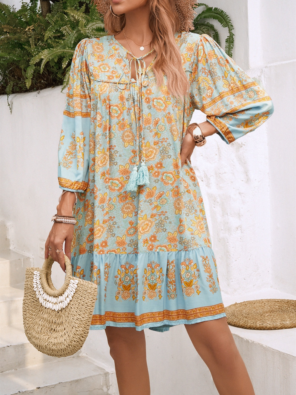 Tassel Tie Neck Floral Print Mini Dress - MARIGOLD