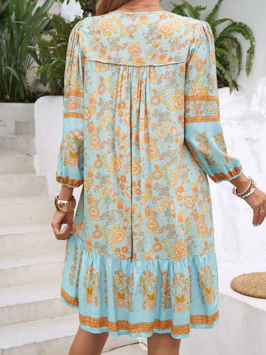 Tassel Tie Neck Floral Print Mini Dress - MARIGOLD