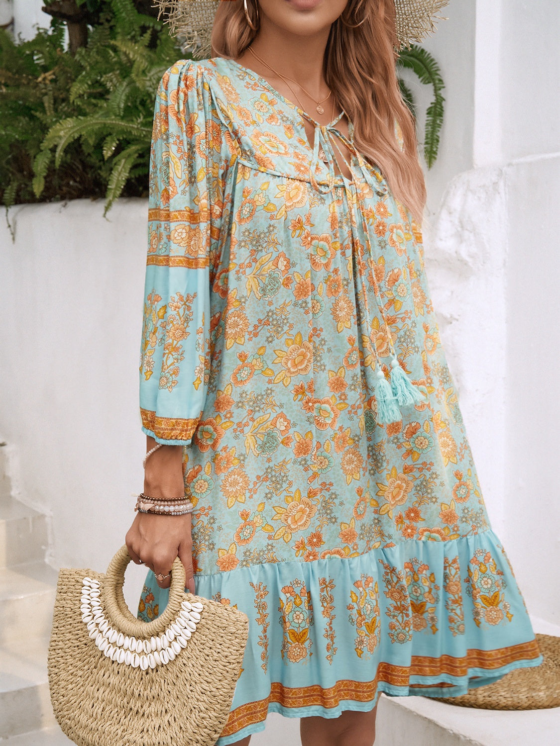 Tassel Tie Neck Floral Print Mini Dress - MARIGOLD