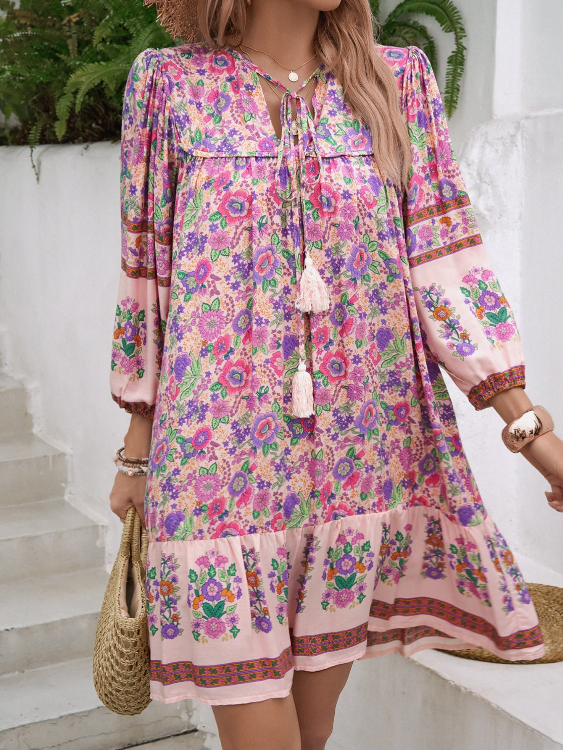 Tassel Tie Neck Floral Print Mini Dress - MARIGOLD
