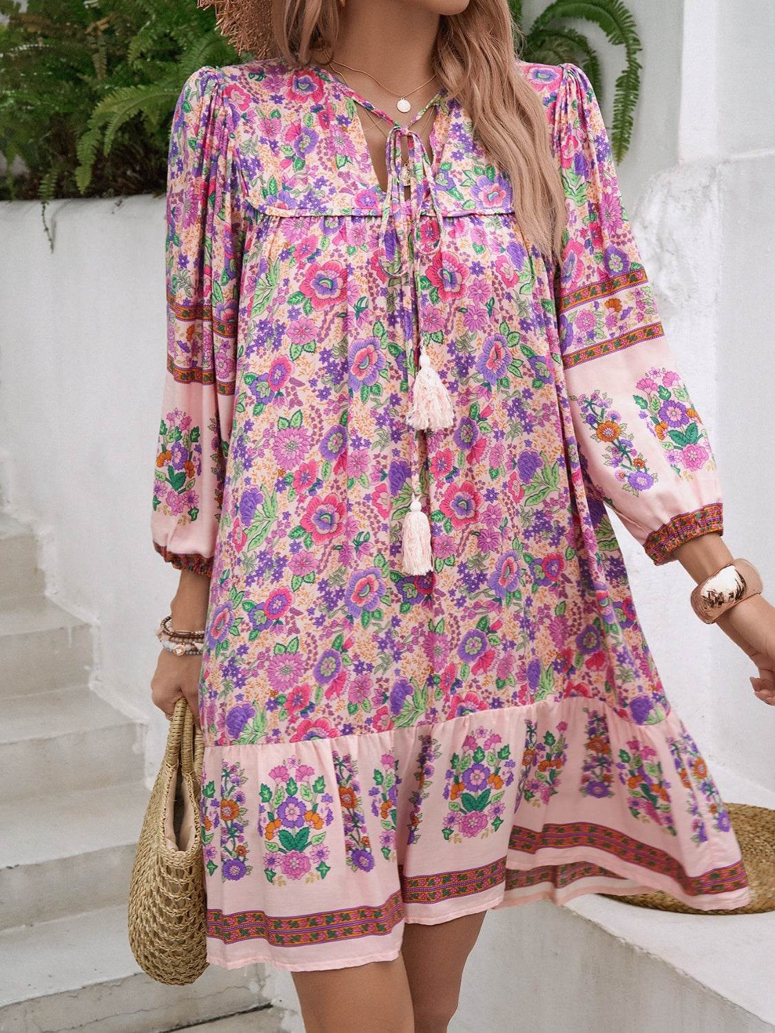 Tassel Tie Neck Floral Print Mini Dress - MARIGOLD