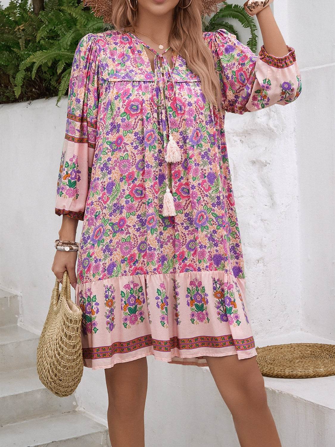 Tassel Tie Neck Floral Print Mini Dress - MARIGOLD
