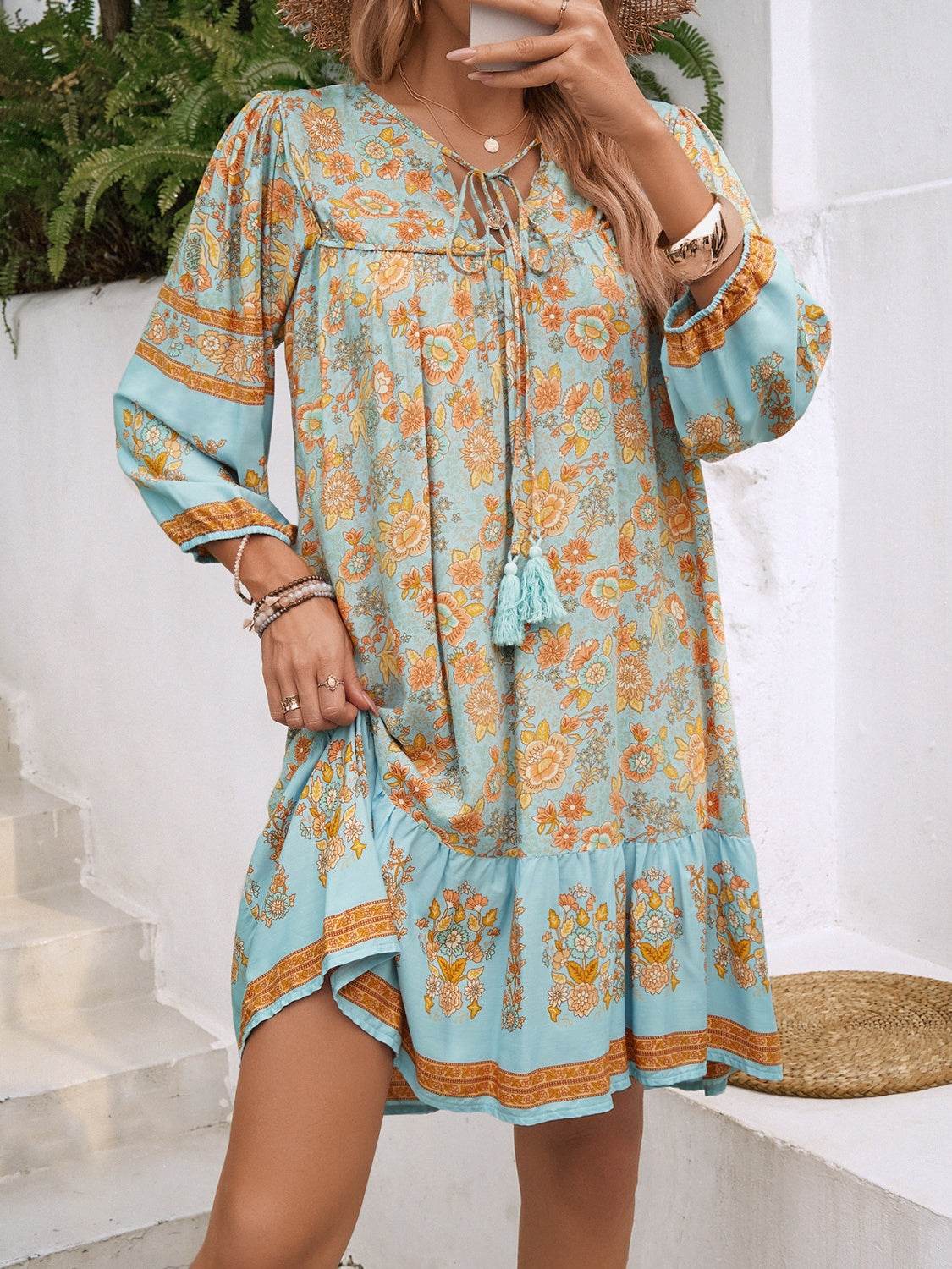 Tassel Tie Neck Floral Print Mini Dress - MARIGOLD