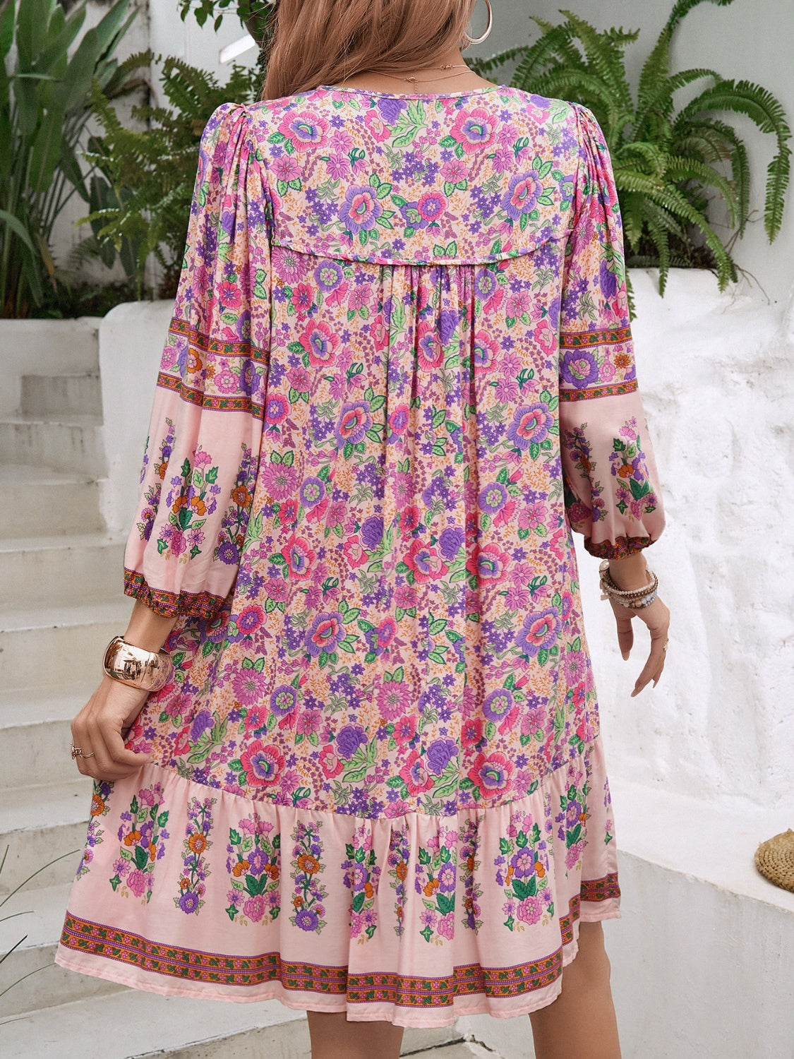 Tassel Tie Neck Floral Print Mini Dress - MARIGOLD