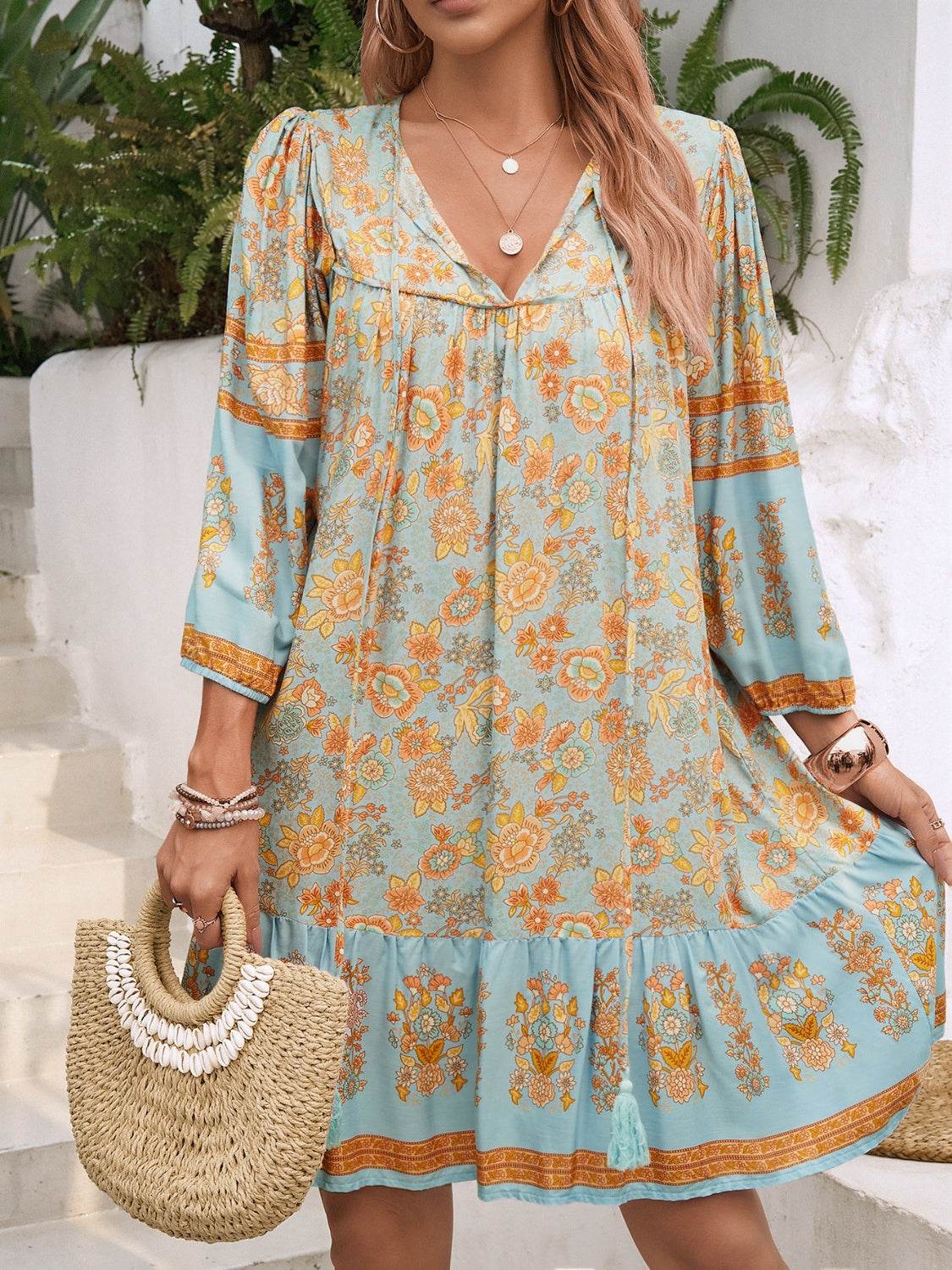 Tassel Tie Neck Floral Print Mini Dress - MARIGOLD