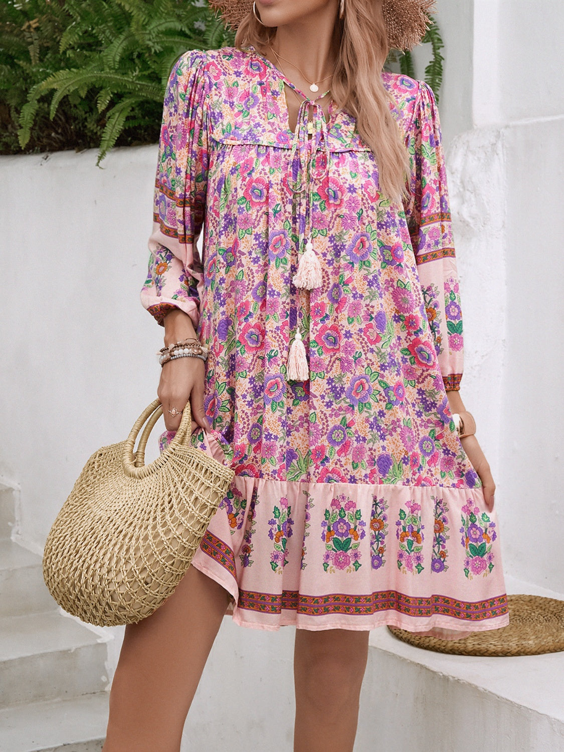 Tassel Tie Neck Floral Print Mini Dress - MARIGOLD