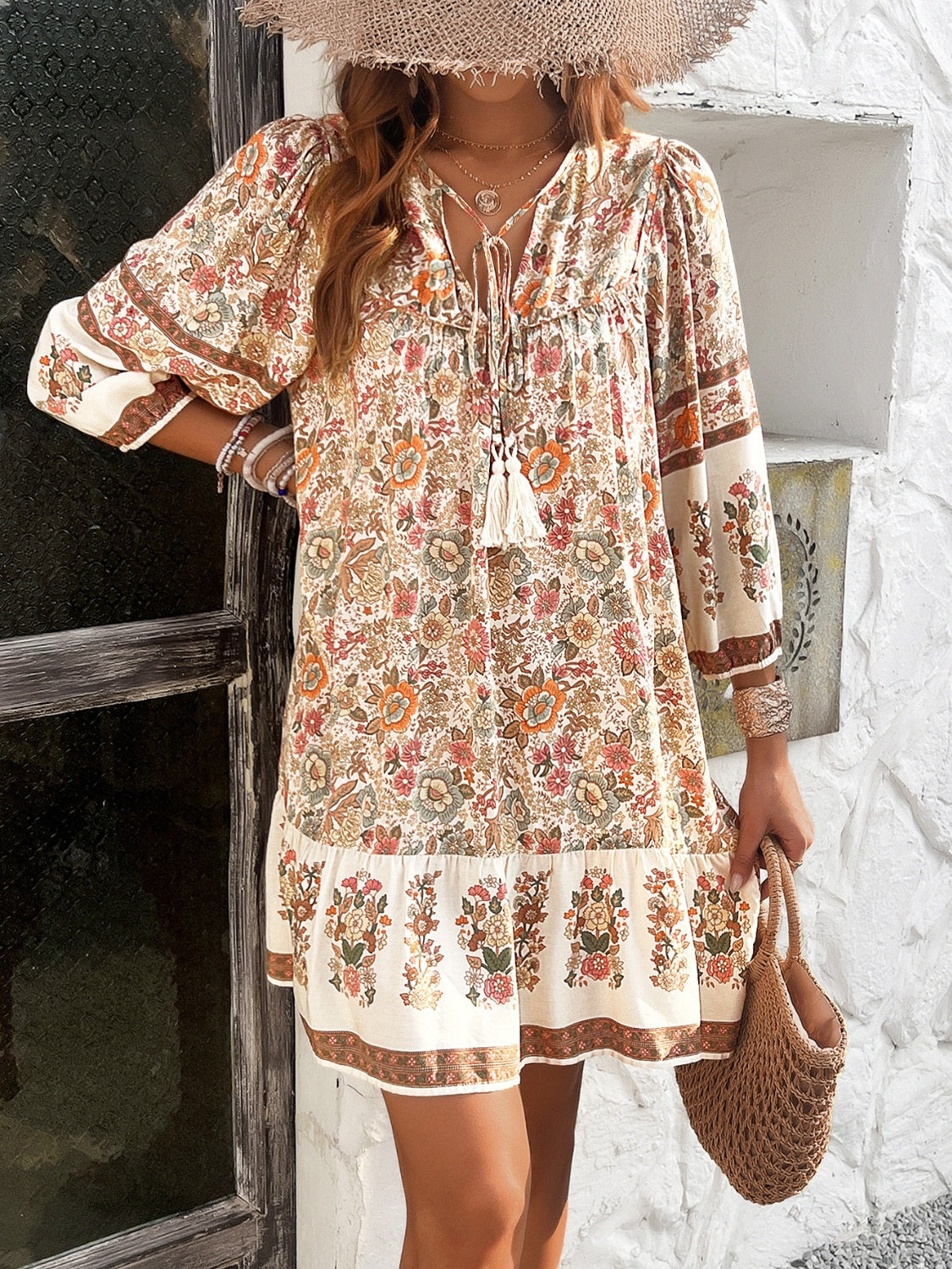Tassel Tie Neck Floral Print Mini Dress - MARIGOLD