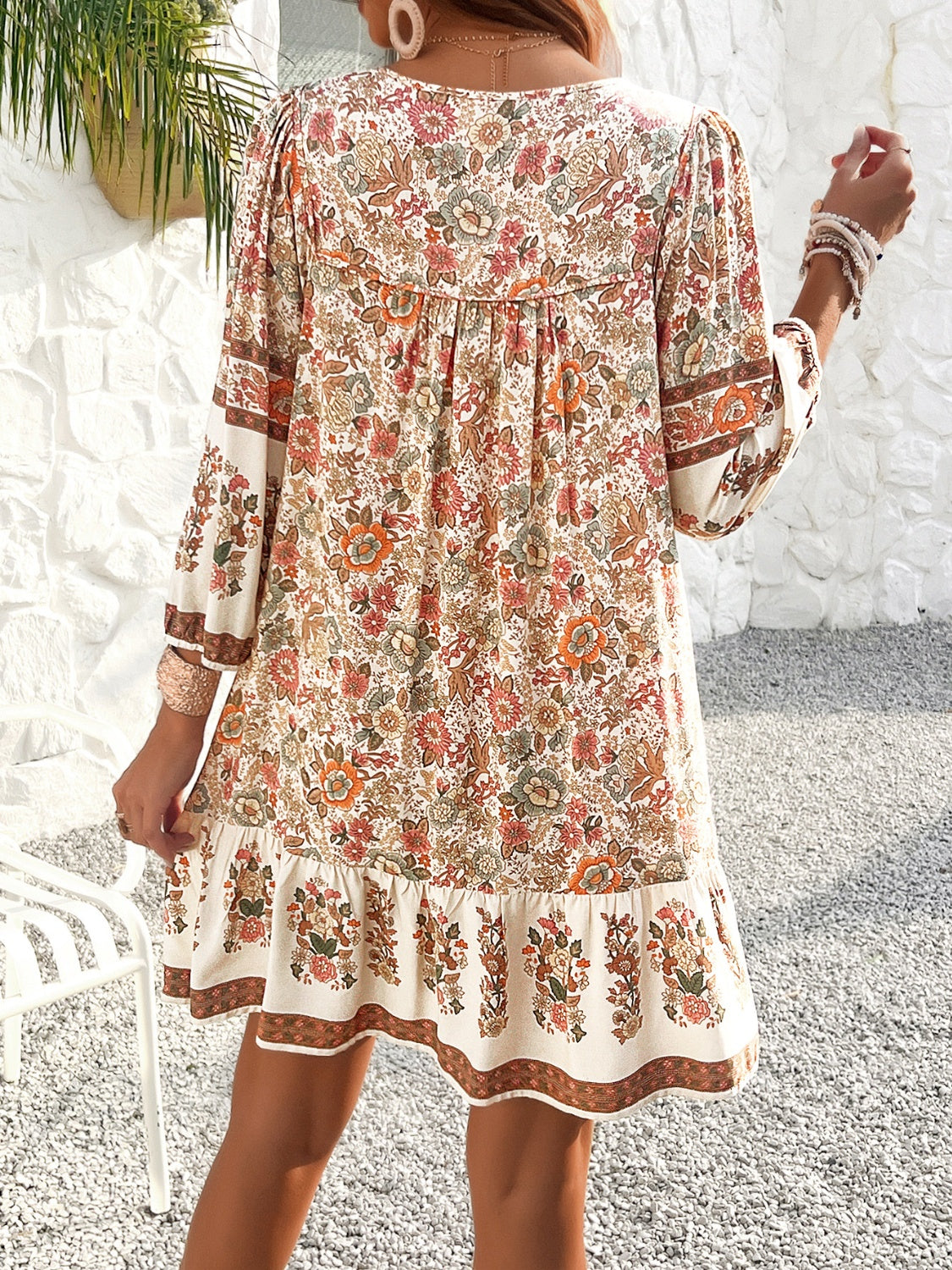 Tassel Tie Neck Floral Print Mini Dress - MARIGOLD