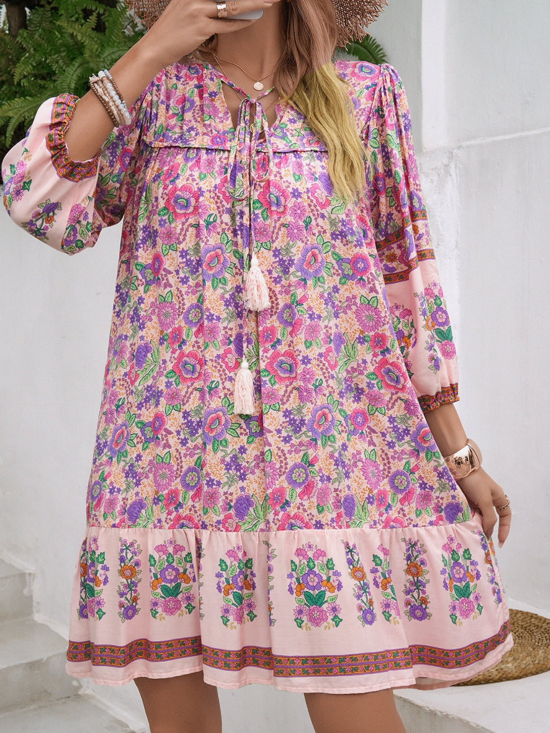 Tassel Tie Neck Floral Print Mini Dress - MARIGOLD