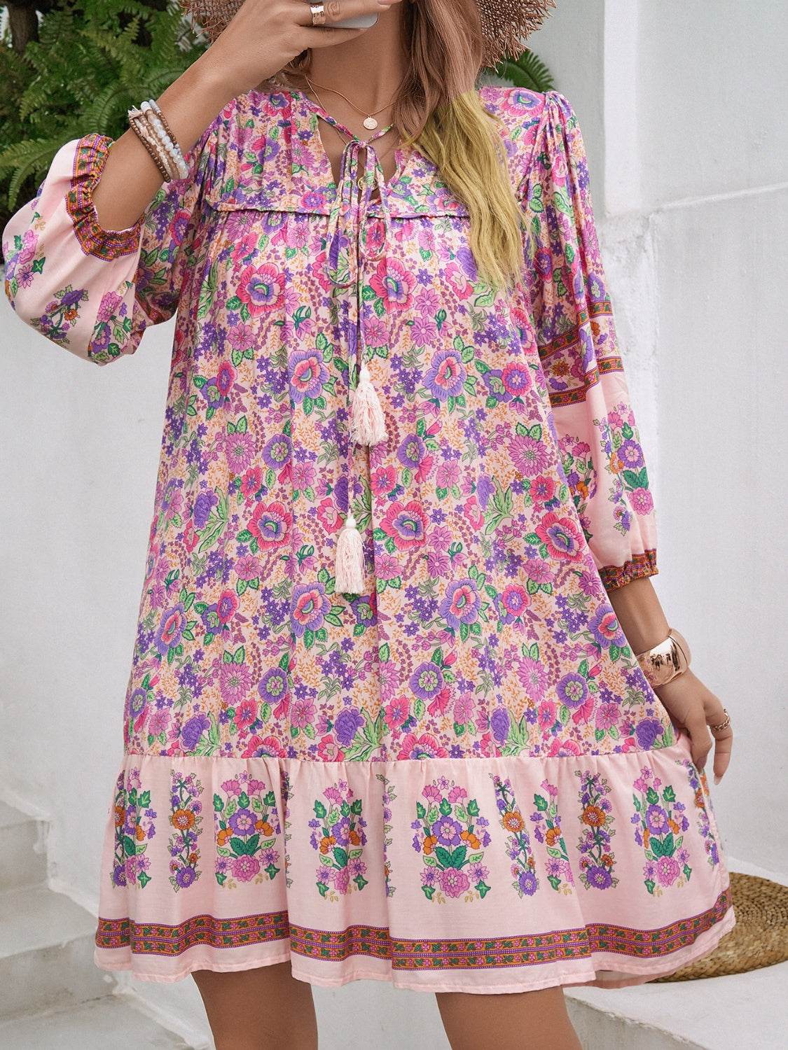 Tassel Tie Neck Floral Print Mini Dress - MARIGOLD