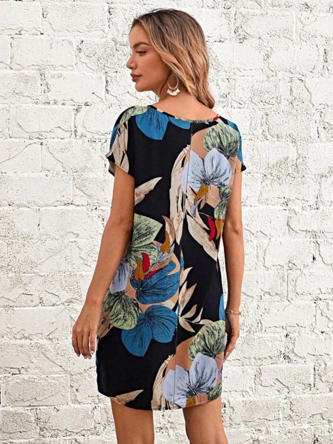 Botanical Print V-Neck Mini Dress - MARIGOLD