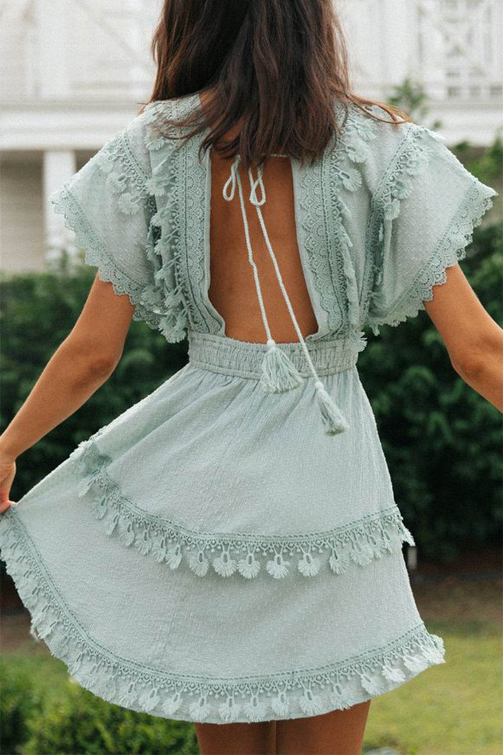 Lace Detail Plunge Short Sleeve Mini Dress - MARIGOLD