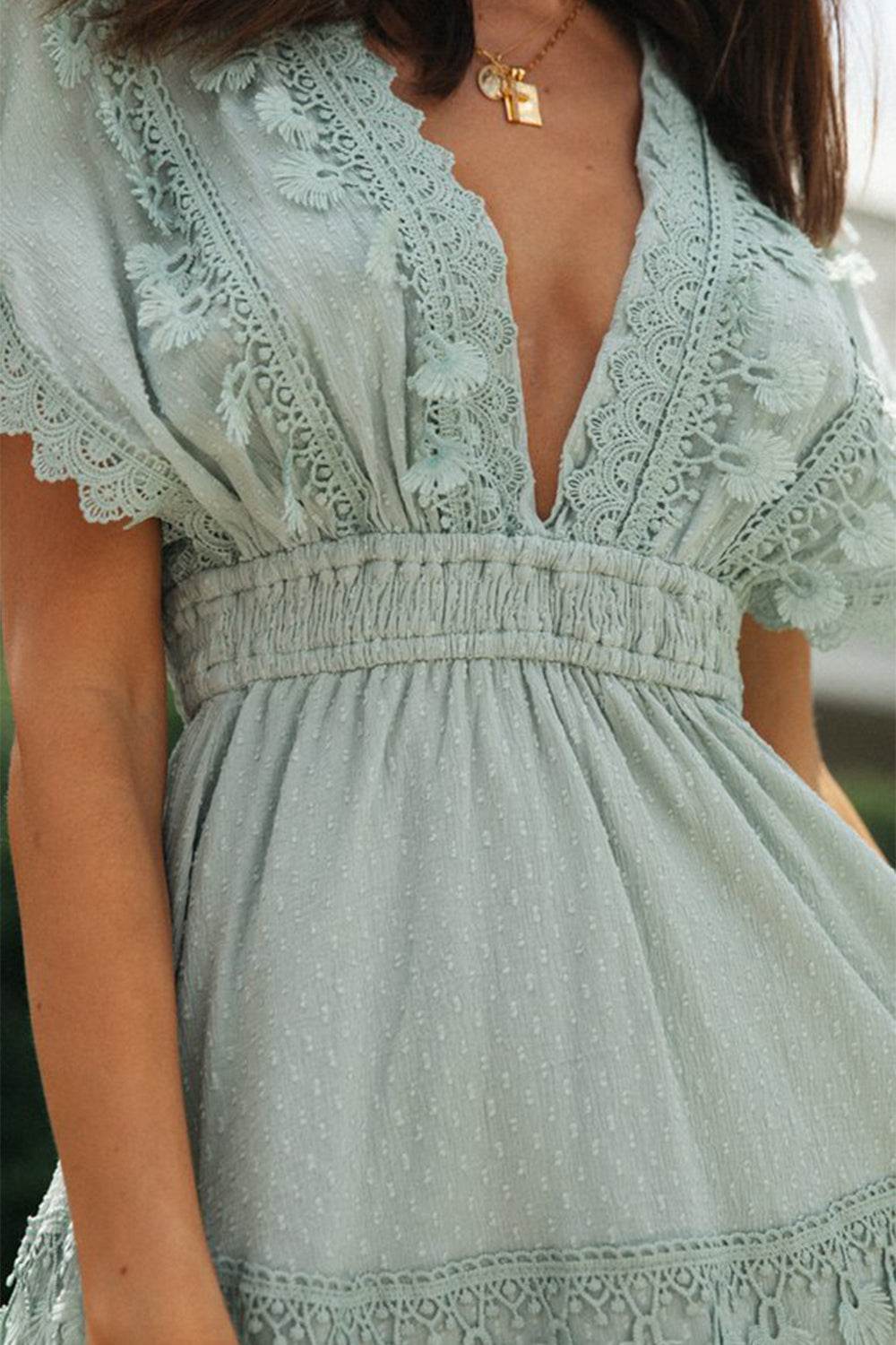 Lace Detail Plunge Short Sleeve Mini Dress - MARIGOLD
