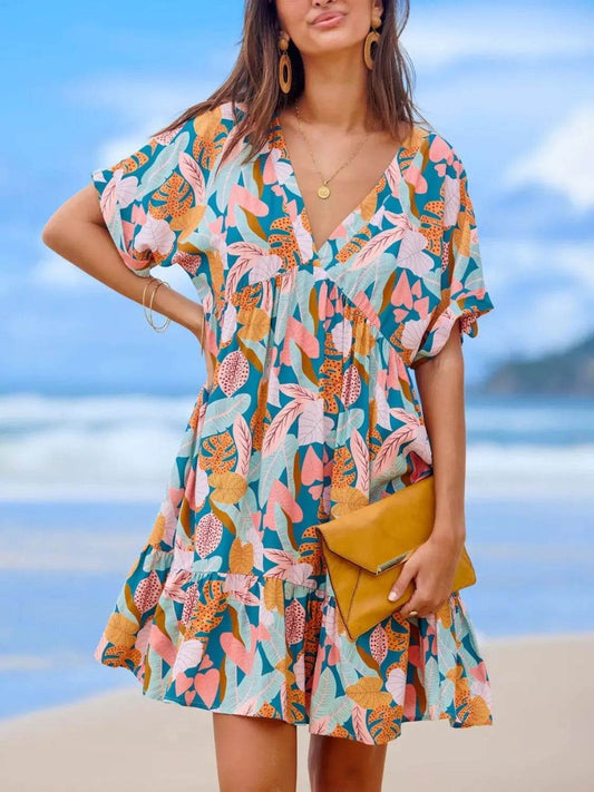 Oversized V-Neck Short Sleeve Mini Dress - MARIGOLD