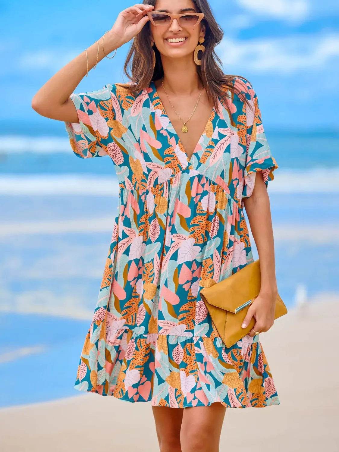 Oversized V-Neck Short Sleeve Mini Dress - MARIGOLD