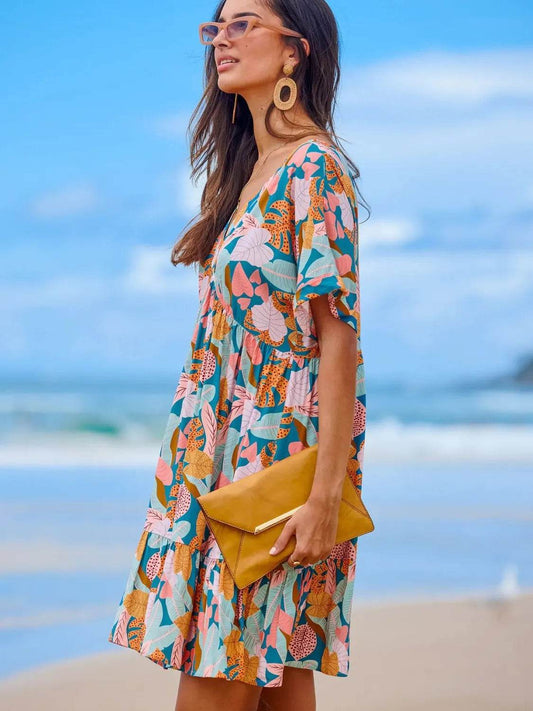 Oversized V-Neck Short Sleeve Mini Dress - MARIGOLD