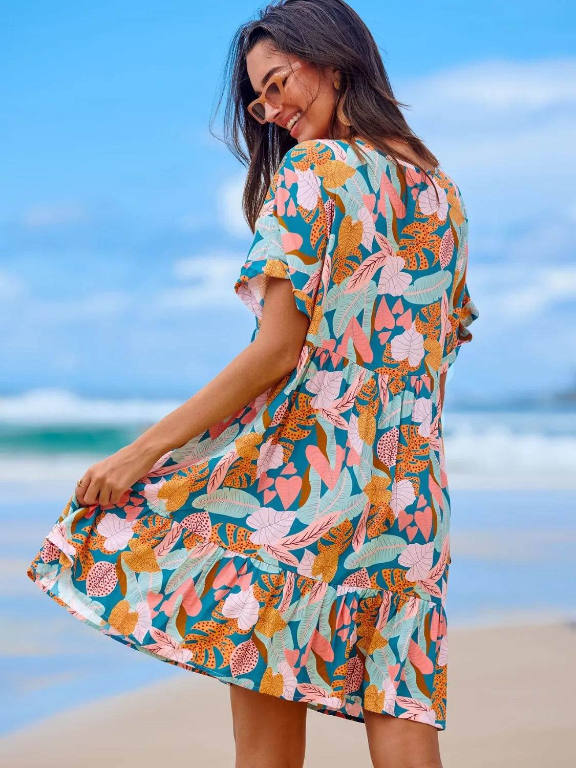 Oversized V-Neck Short Sleeve Mini Dress - MARIGOLD