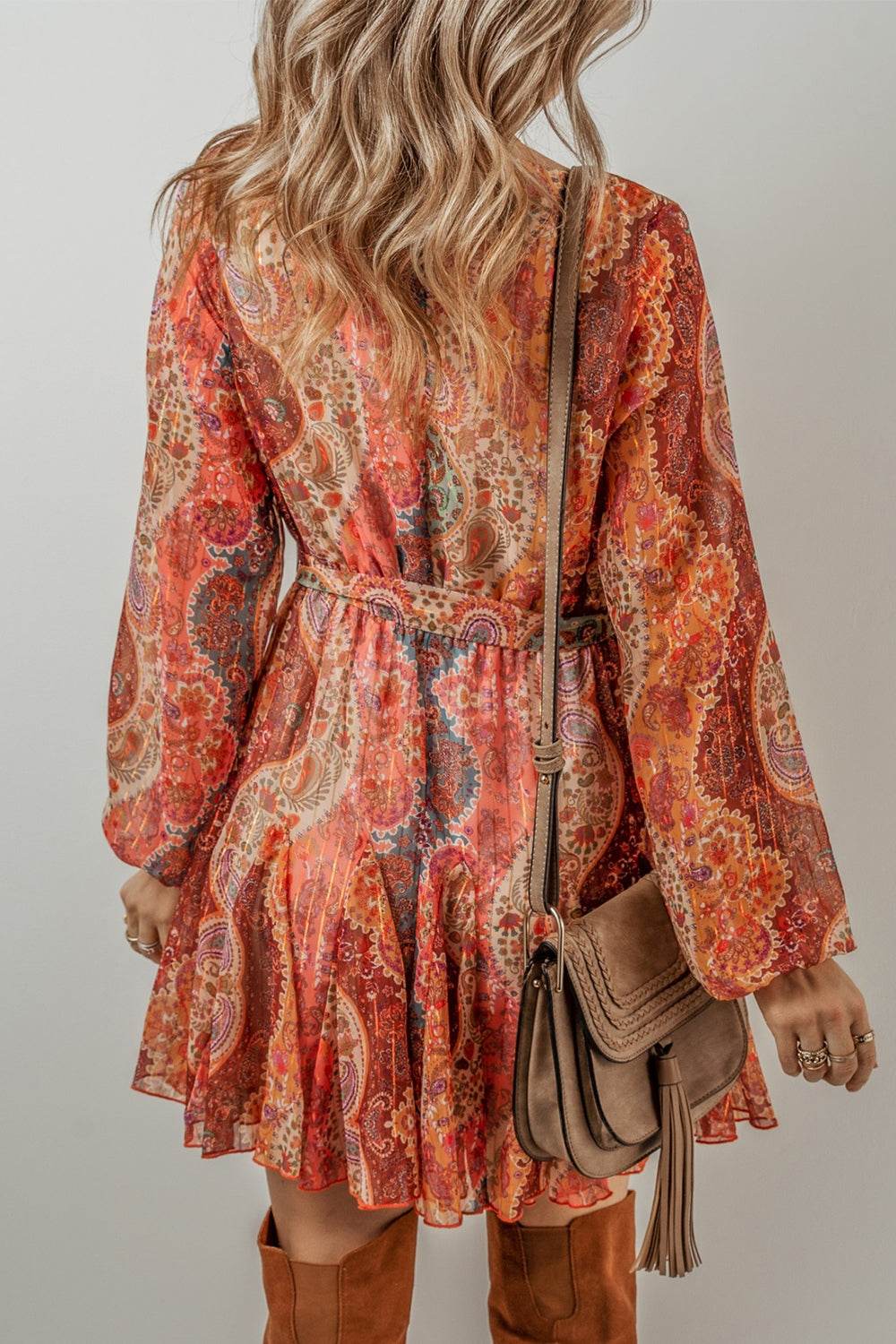 Bohemian Paisley-Print Tie-Waist Balloon Long-Sleeve Mini Dress - MARIGOLD
