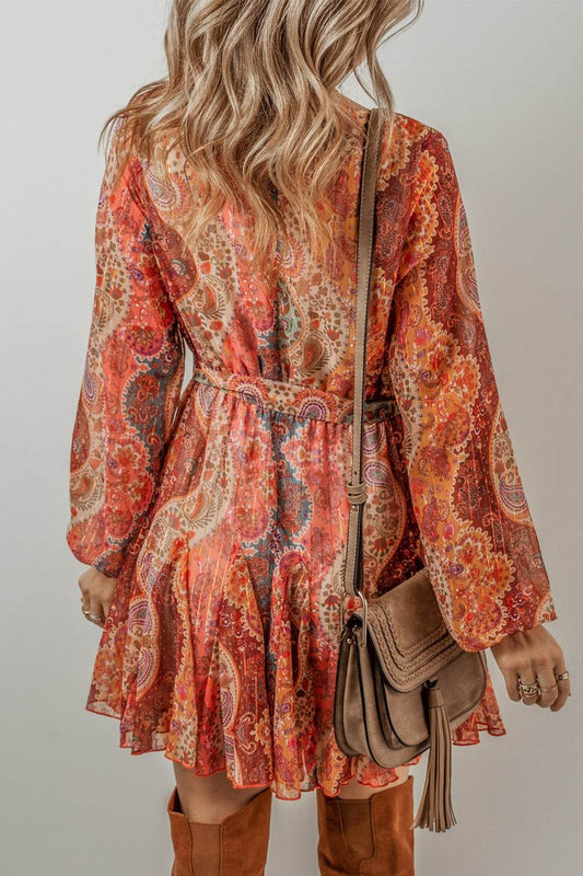 Bohemian Paisley-Print Tie-Waist Balloon Long-Sleeve Mini Dress - MARIGOLD