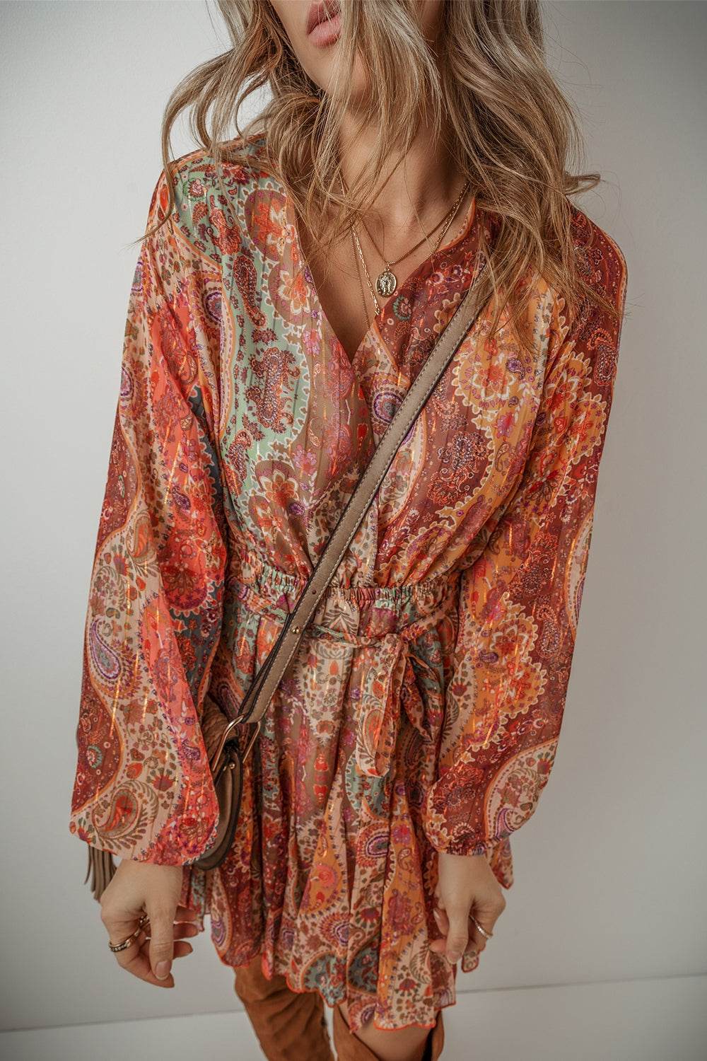 Bohemian Paisley-Print Tie-Waist Balloon Long-Sleeve Mini Dress - MARIGOLD