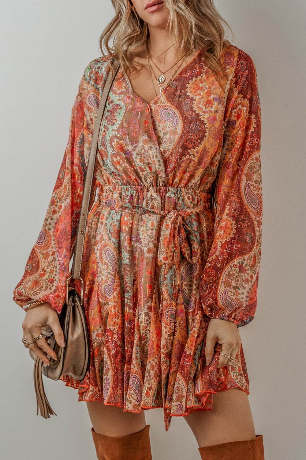 Bohemian Paisley-Print Tie-Waist Balloon Long-Sleeve Mini Dress - MARIGOLD