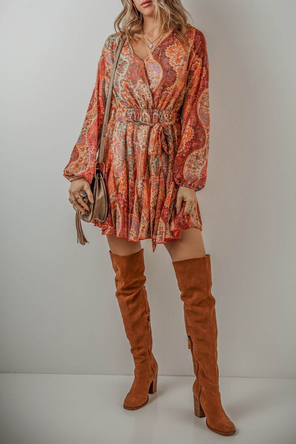 Bohemian Paisley-Print Tie-Waist Balloon Long-Sleeve Mini Dress - MARIGOLD