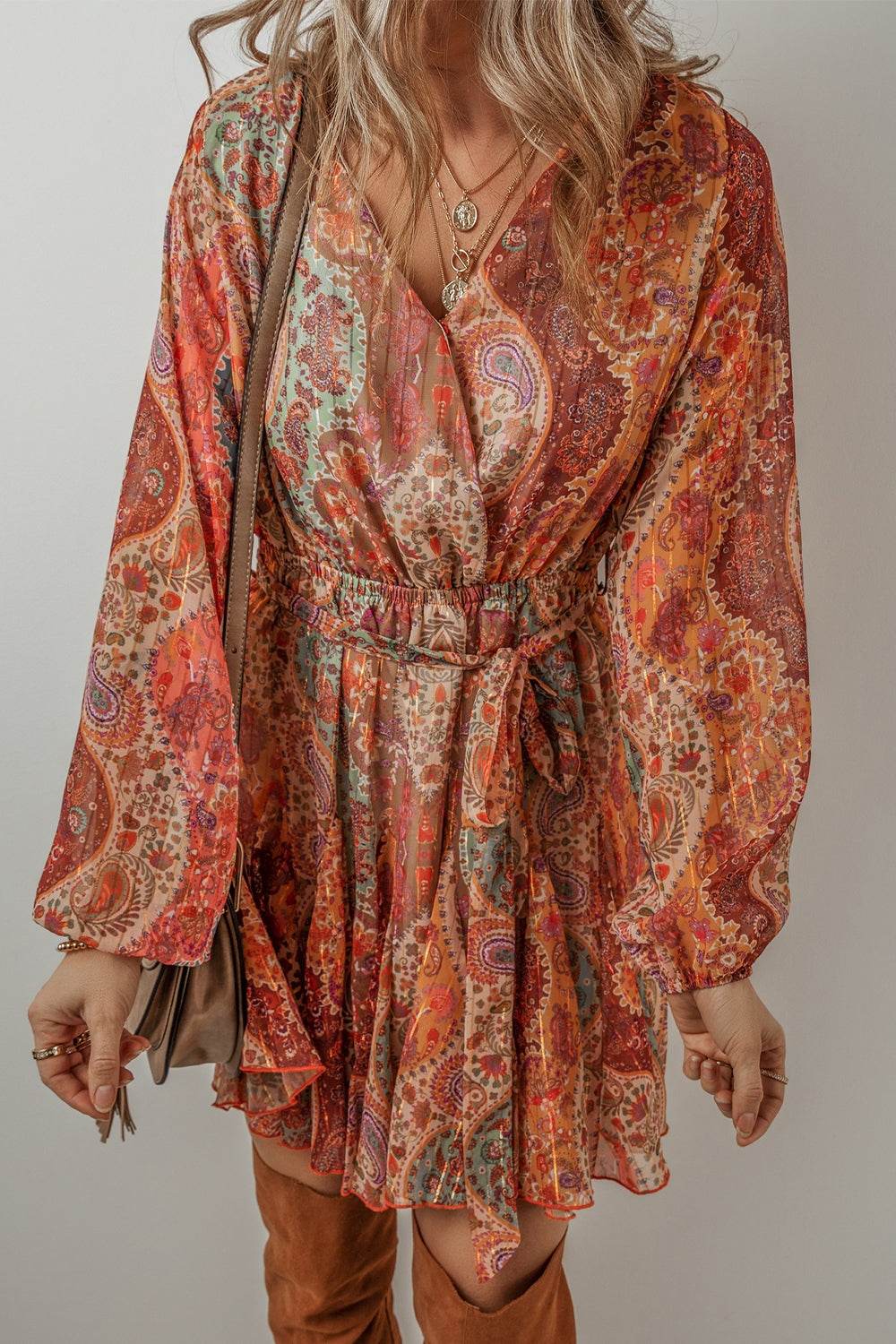 Bohemian Paisley-Print Tie-Waist Balloon Long-Sleeve Mini Dress - MARIGOLD