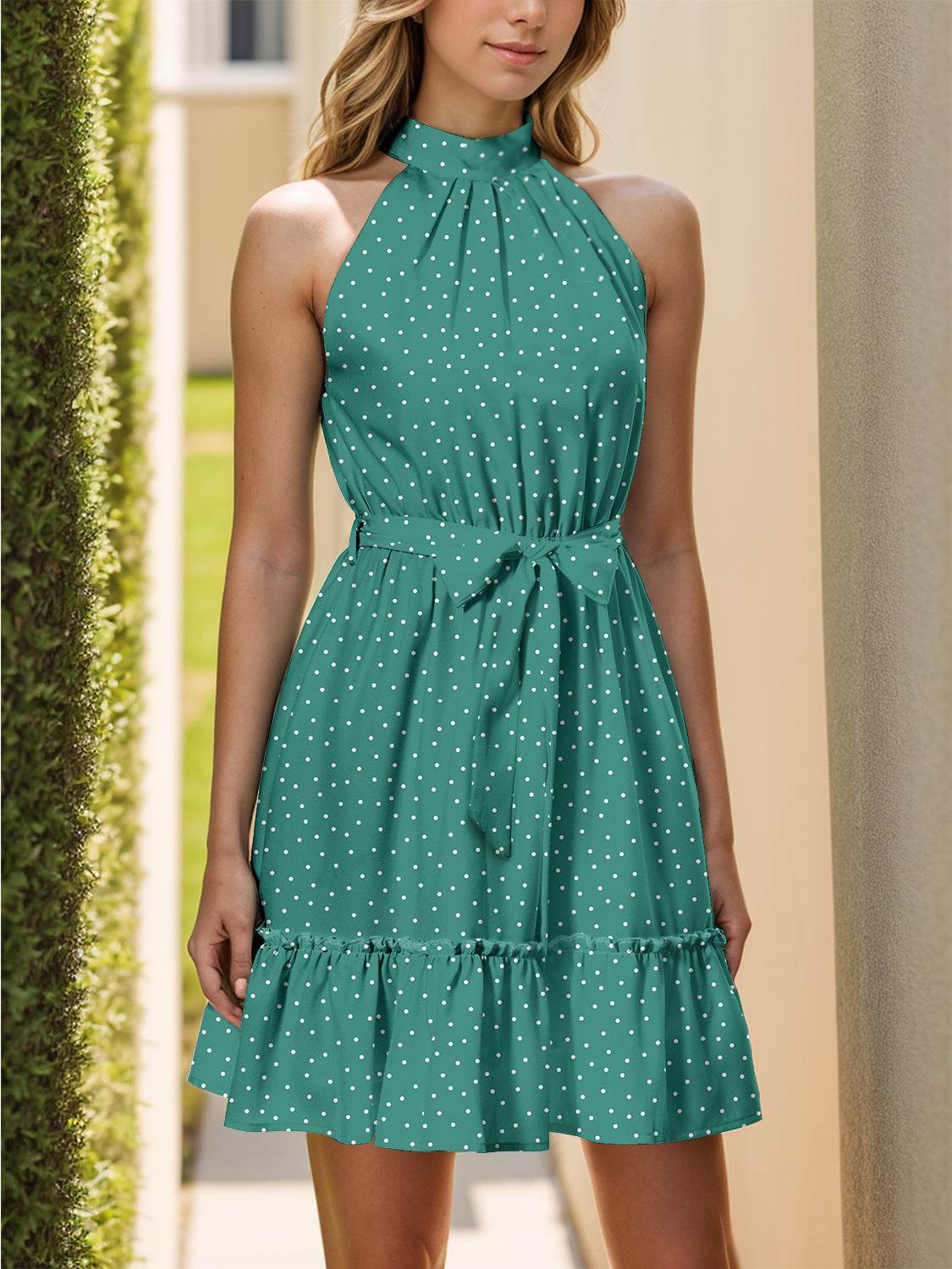 Grecian Neck Tie Waist Mini Dress - MARIGOLD