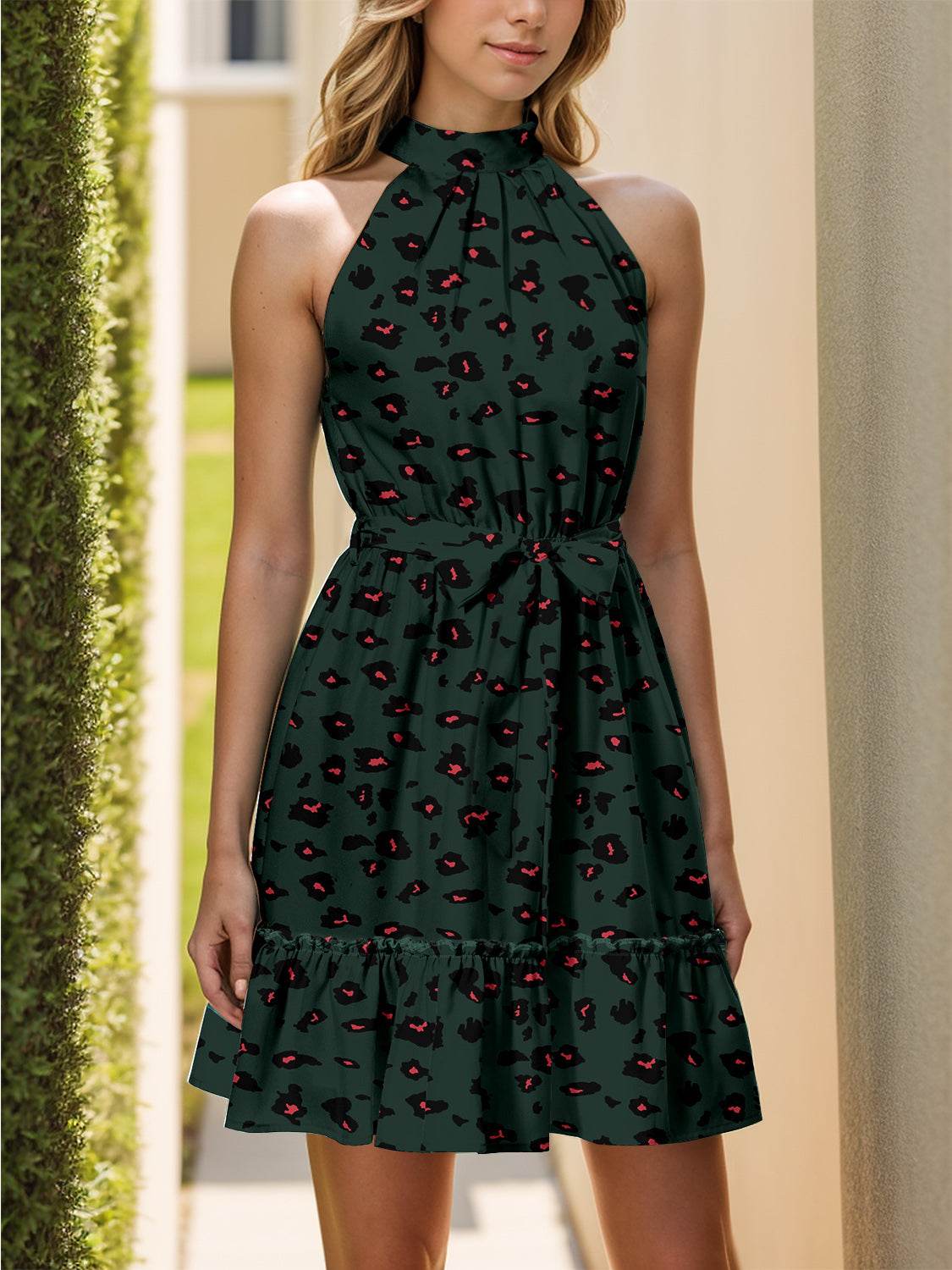 Grecian Neck Tie Waist Mini Dress - MARIGOLD