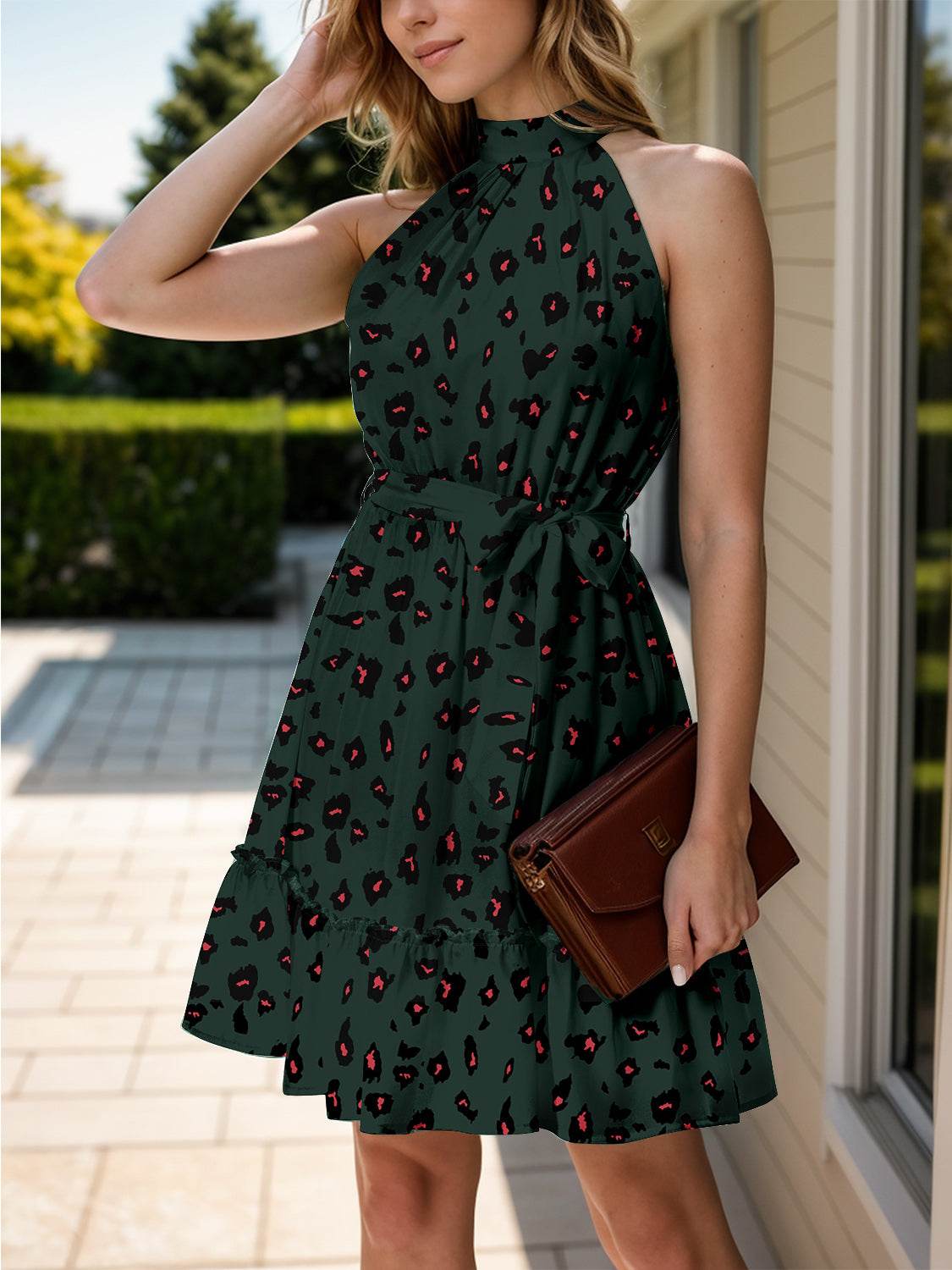 Grecian Neck Tie Waist Mini Dress - MARIGOLD