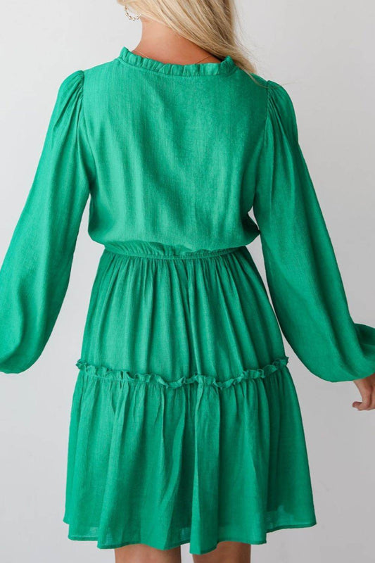 Green V-Neck Tiered Mini Dress - MARIGOLD