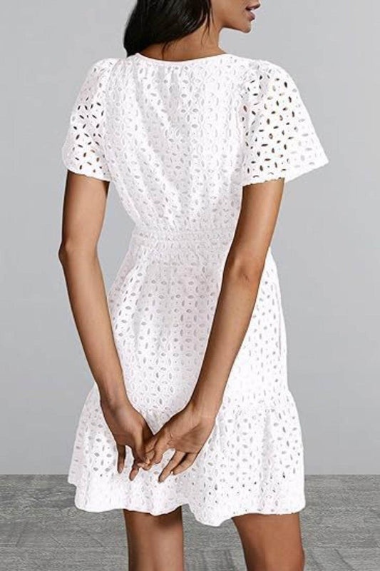 Eyelet Notched Short Sleeve Mini Dress - MARIGOLD