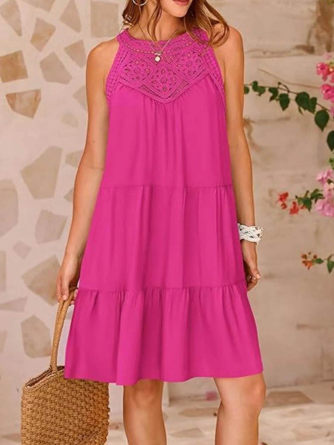 Lace Neckline Tiered Mini Dress - MARIGOLD