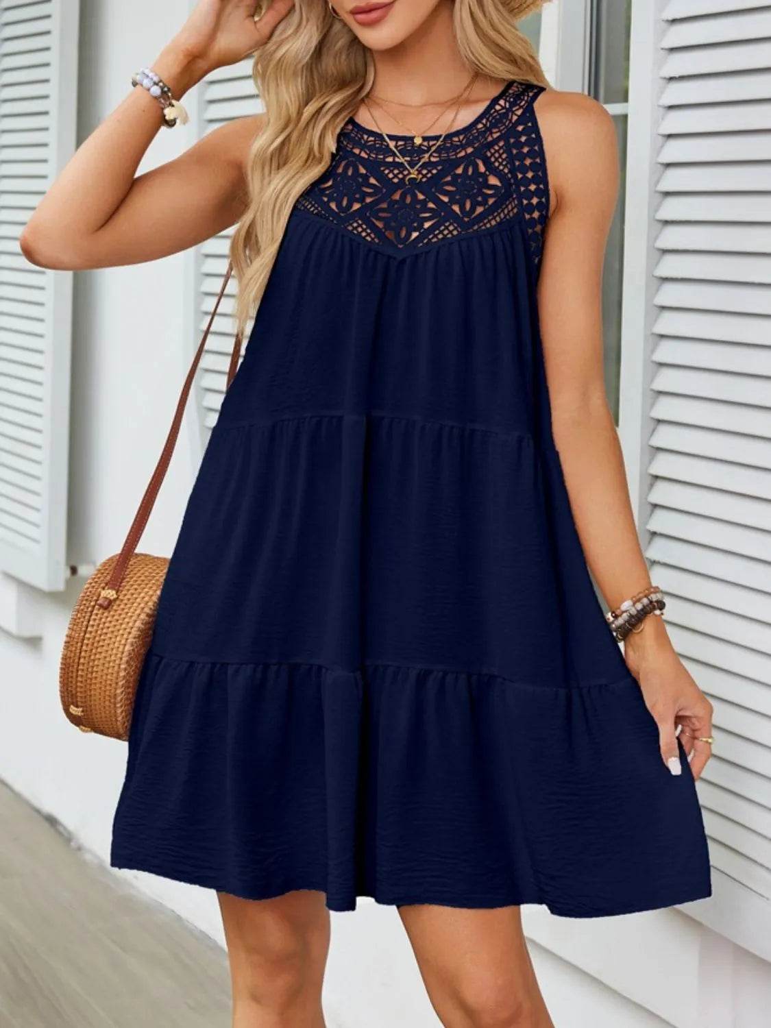 Lace Neckline Tiered Mini Dress - MARIGOLD