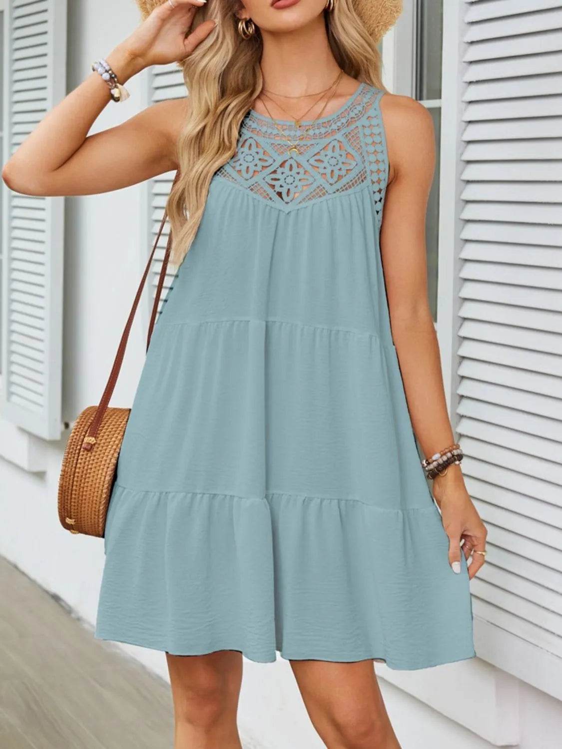 Lace Neckline Tiered Mini Dress - MARIGOLD