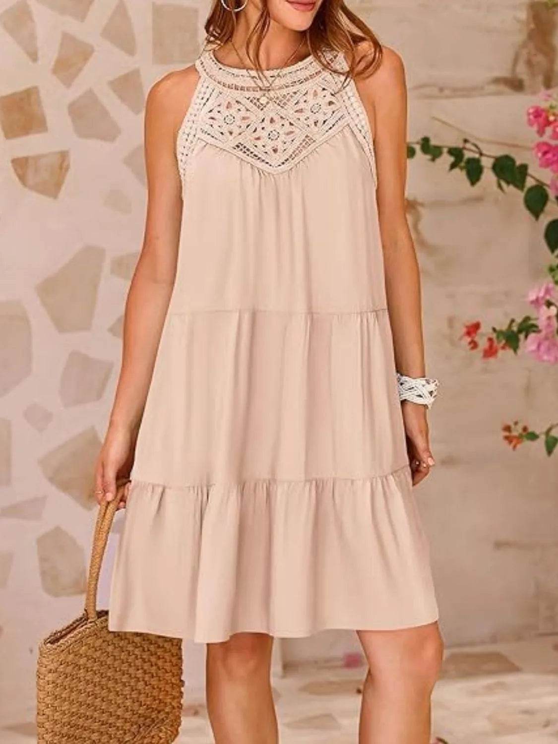 Lace Neckline Tiered Mini Dress - MARIGOLD