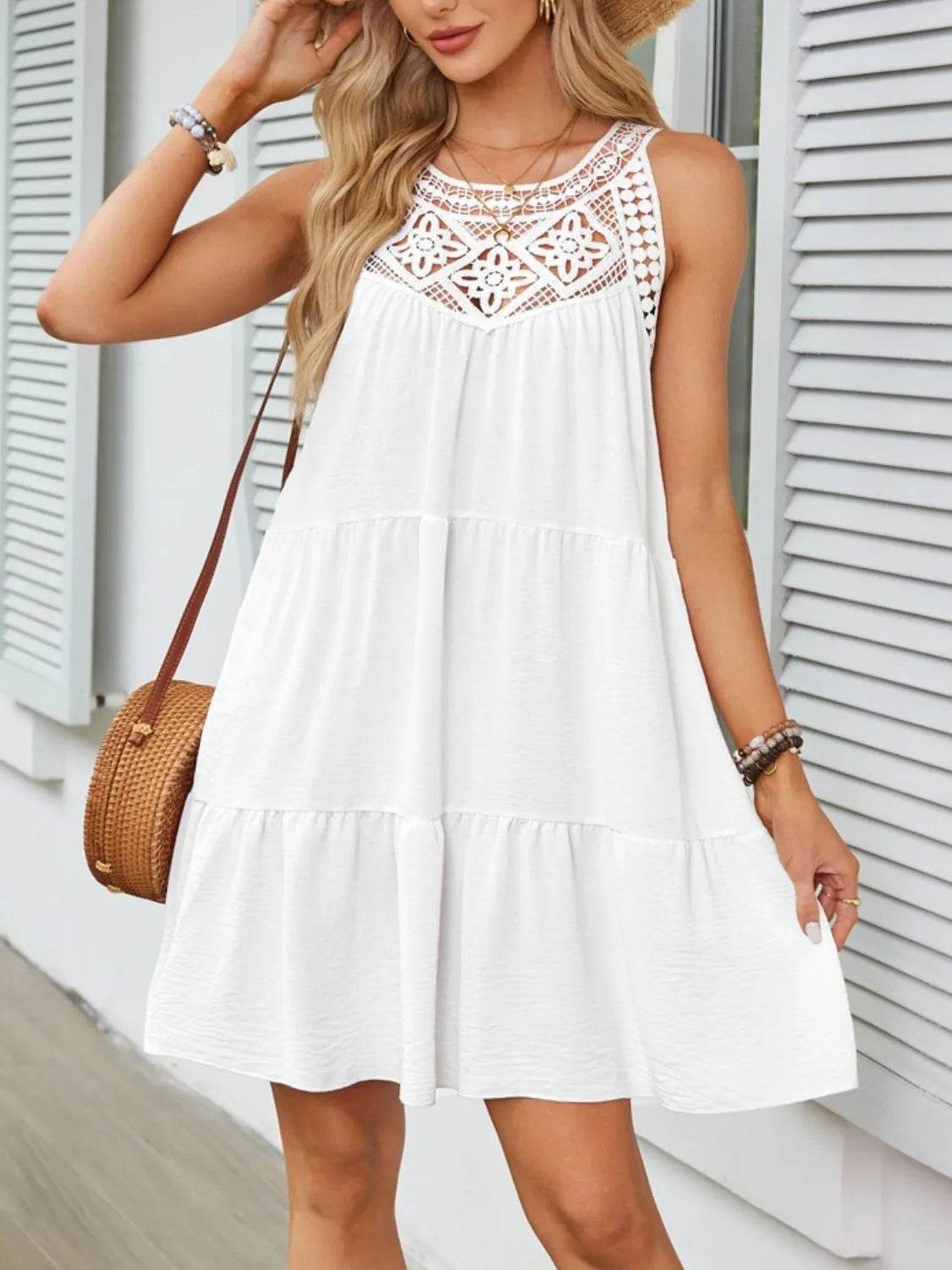 Lace Neckline Tiered Mini Dress - MARIGOLD