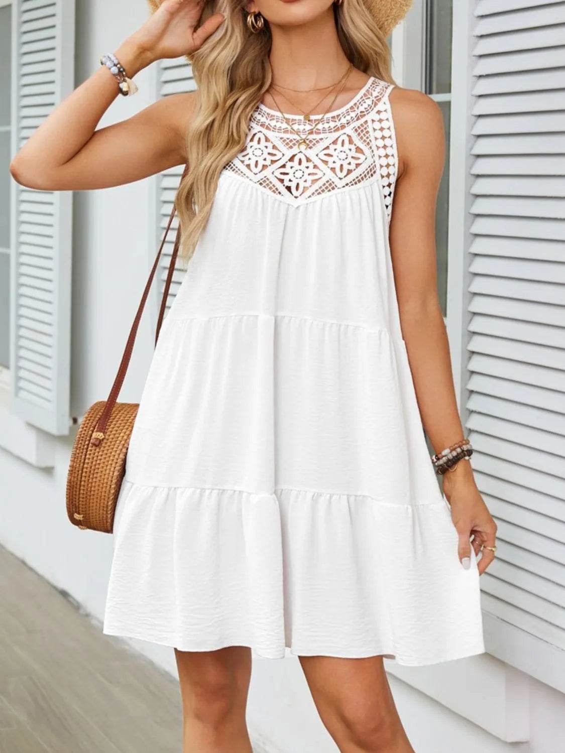 Lace Neckline Tiered Mini Dress - MARIGOLD