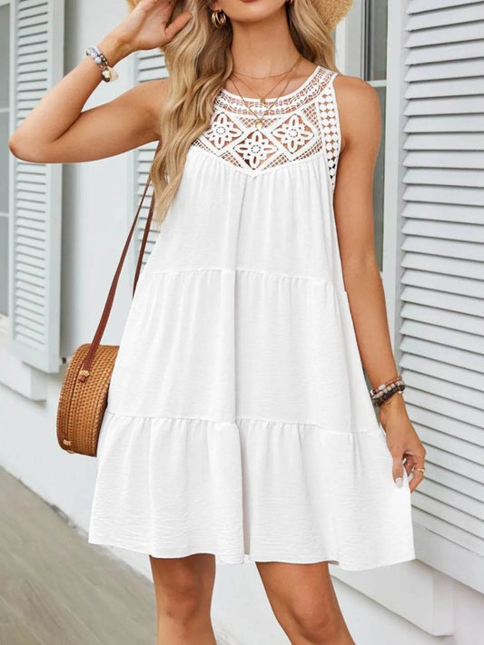 Lace Neckline Tiered Mini Dress - MARIGOLD