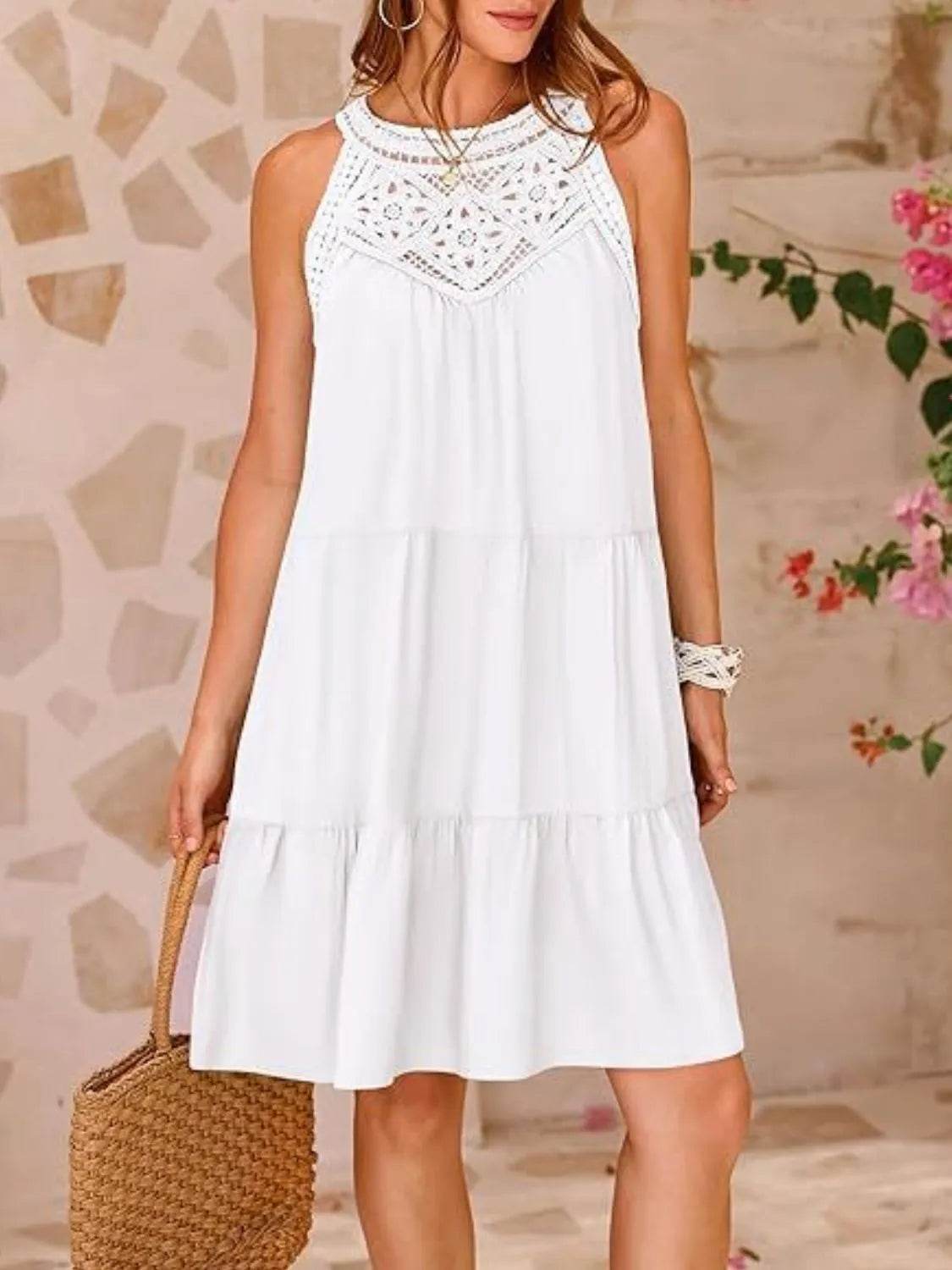 Lace Neckline Tiered Mini Dress - MARIGOLD
