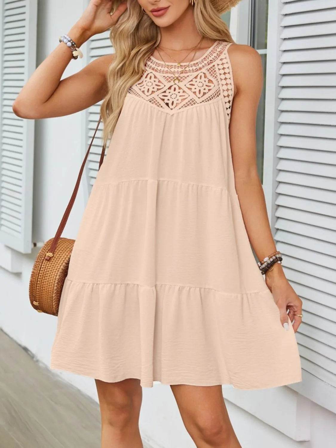 Lace Neckline Tiered Mini Dress - MARIGOLD