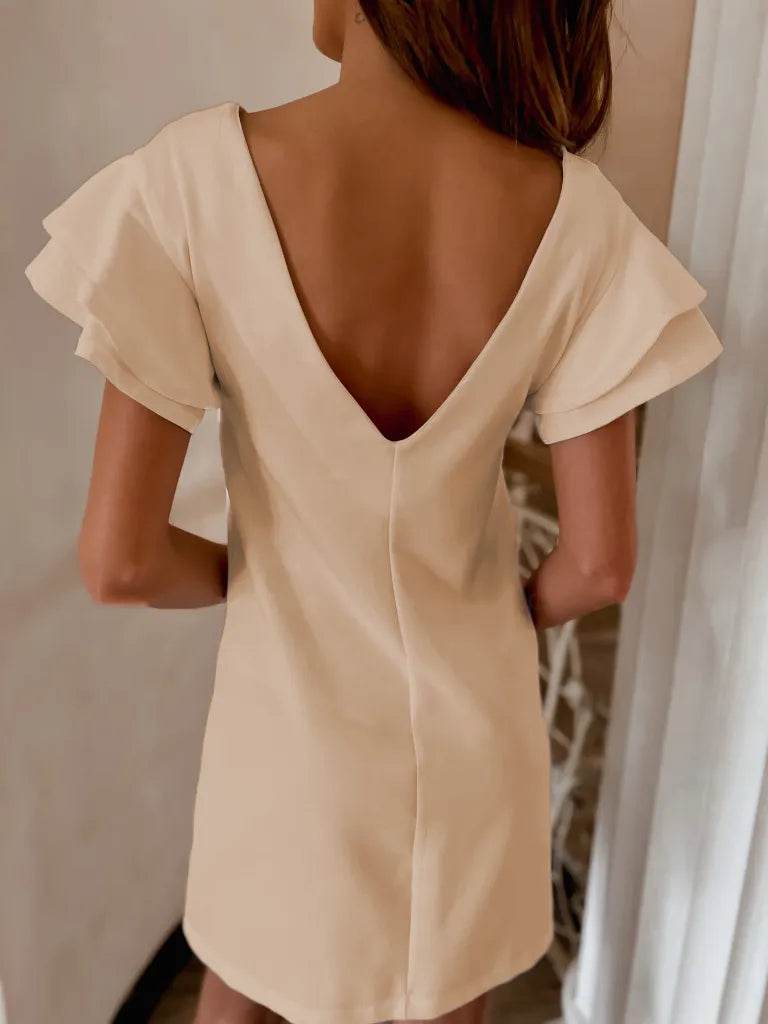 Ruffled Short Sleeve Backless Mini Dress - MARIGOLD